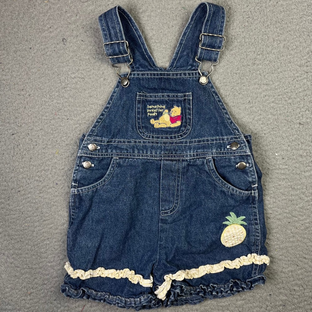 Disney Pooh Kids 18M Blue Denim Ruffle Pineapple Embroidery Shortall Overalls